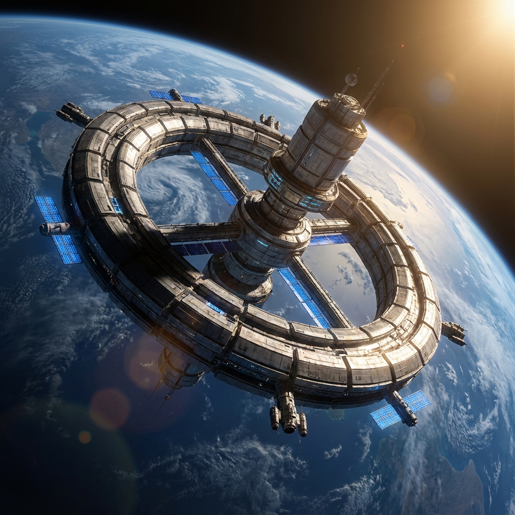 Generate a high quality image based on the prompt.

A futuristic space station orbiting a blue planet, cinematic lighting, 8k resolution