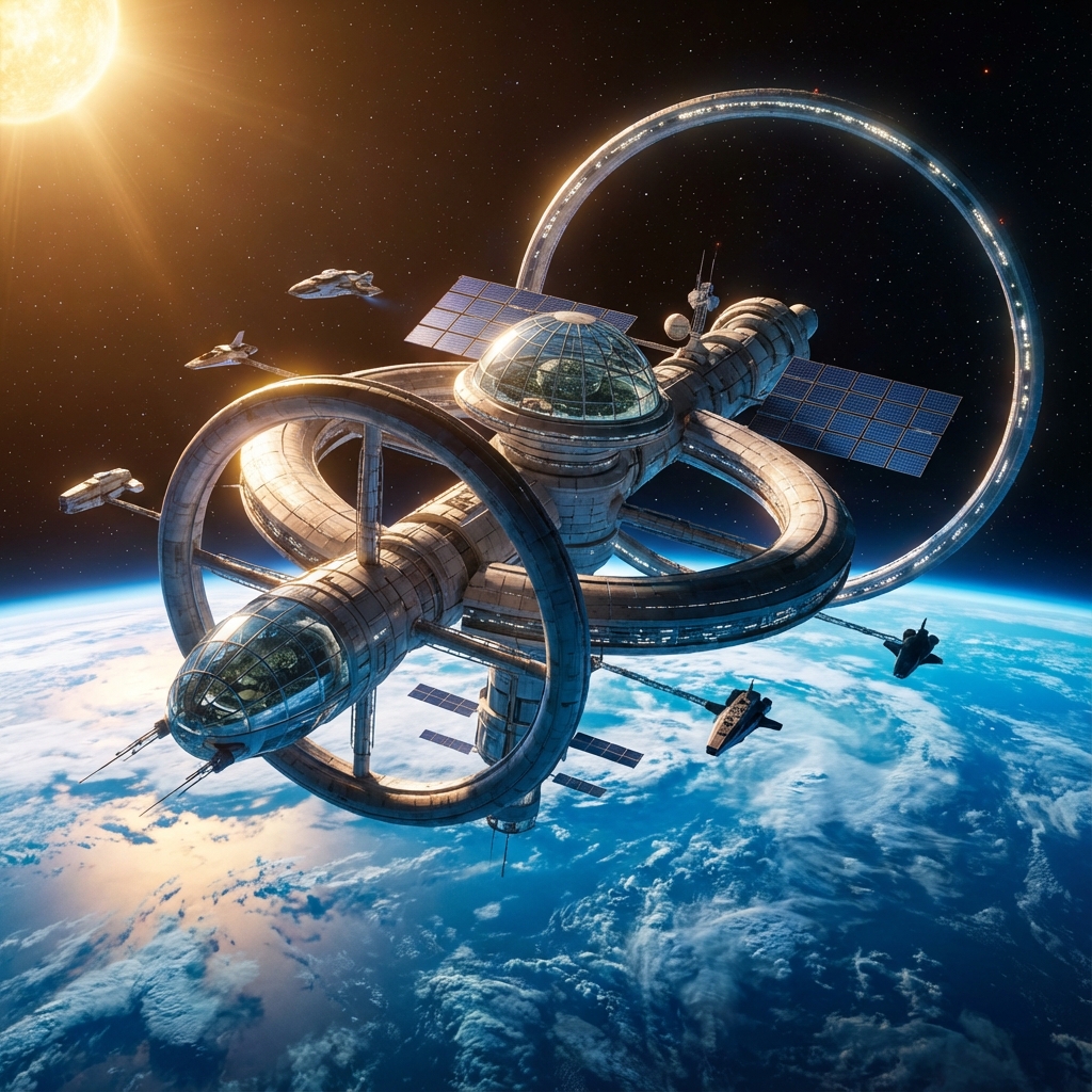 Generate a high quality image based on the prompt.

A futuristic space station orbiting a blue planet, cinematic lighting, 8k resolution